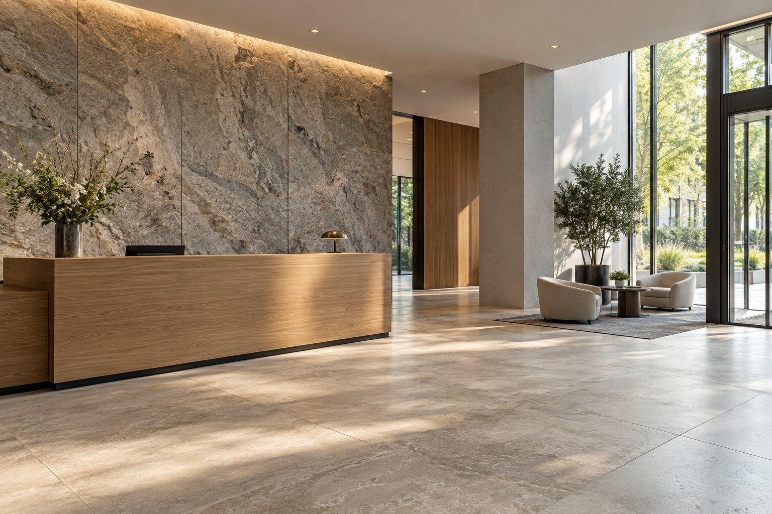 Visualisierte Lobby mit Natursteinwand und großformatigem Steinboden