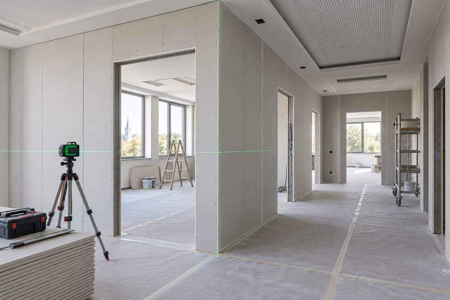 Visualisierter Innenausbau mit präzise errichteten Trockenbauwänden