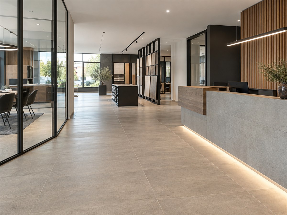 Visualisierte Raumidee eines modernen Gewerbe-Showrooms mit großformatigen Bodenfliesen